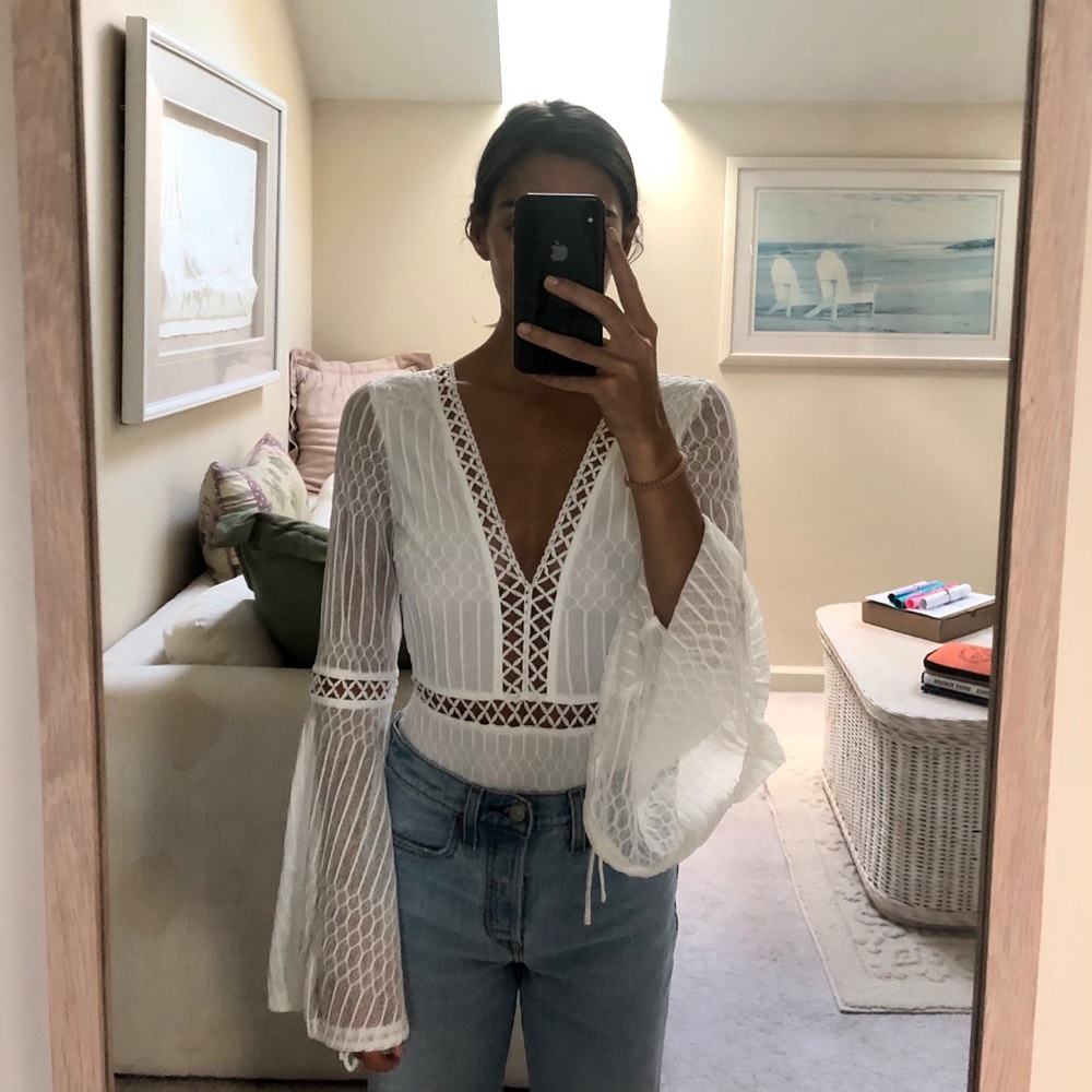 White Crochet Bell-Sleeved Bodysuit